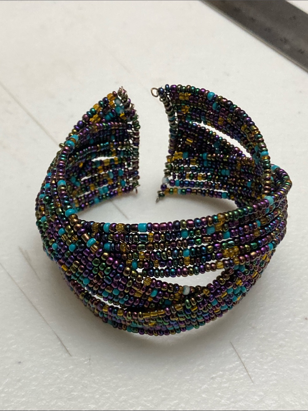 Braided Beaded Wire Gold Blue Purple Multicolor Wrap Cuff Bracelet